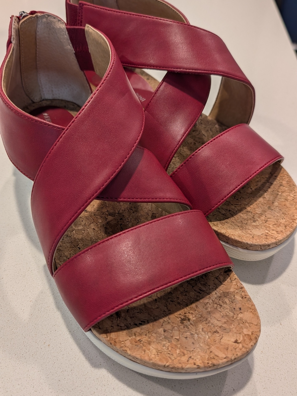 Adrienne Vittadini Red Cork Wedge Sandals — Crisscross Straps